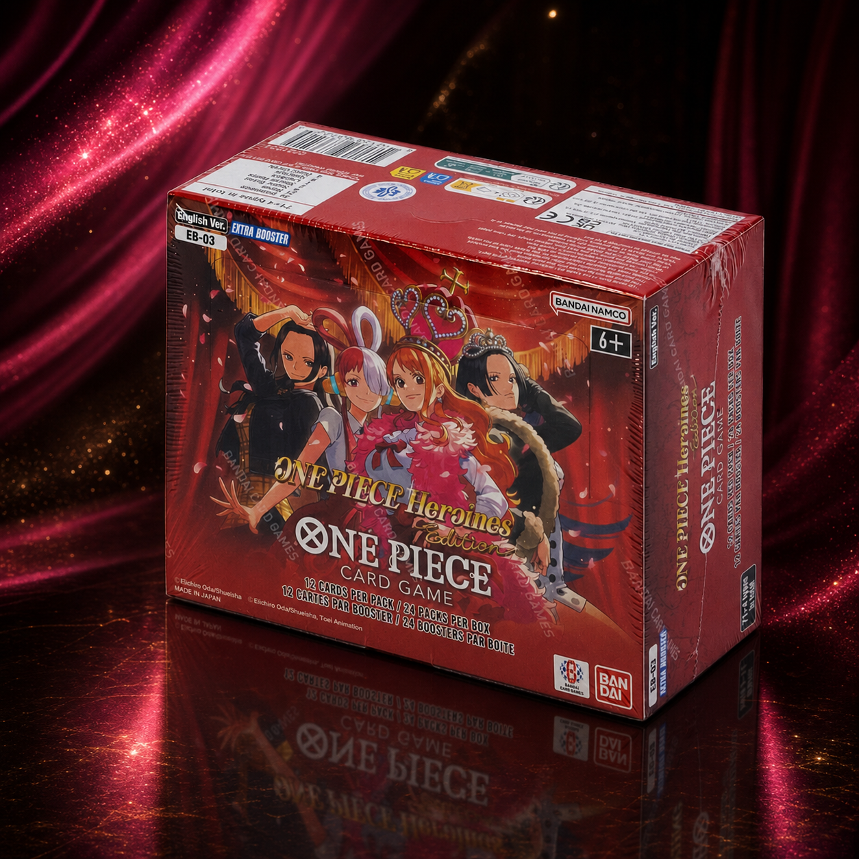 EB-03 One Piece Heroines Edition Extra Booster box against a magenta theatrical backdrop
