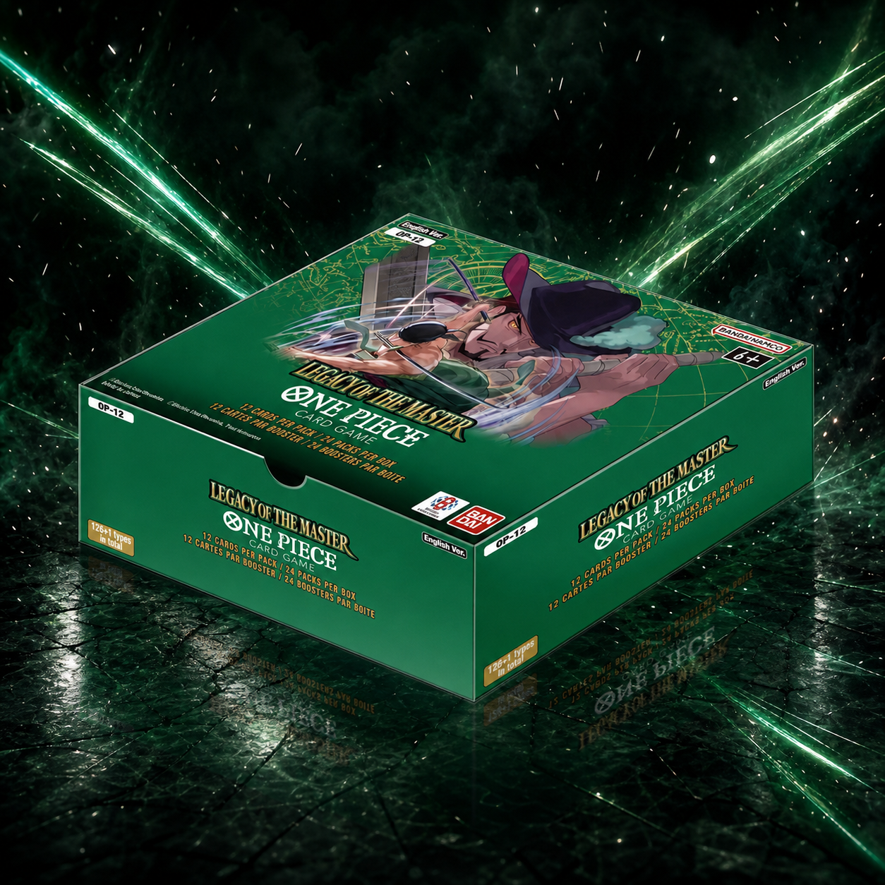 OP-12 Legacy of the Master sealed booster box against emerald sword-slash energy