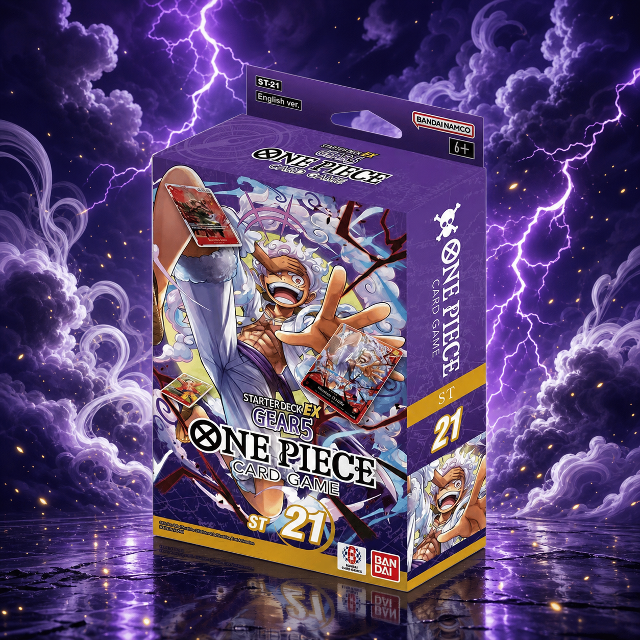 ST-21 Gear 5 Starter Deck EX against a violet lightning storm
